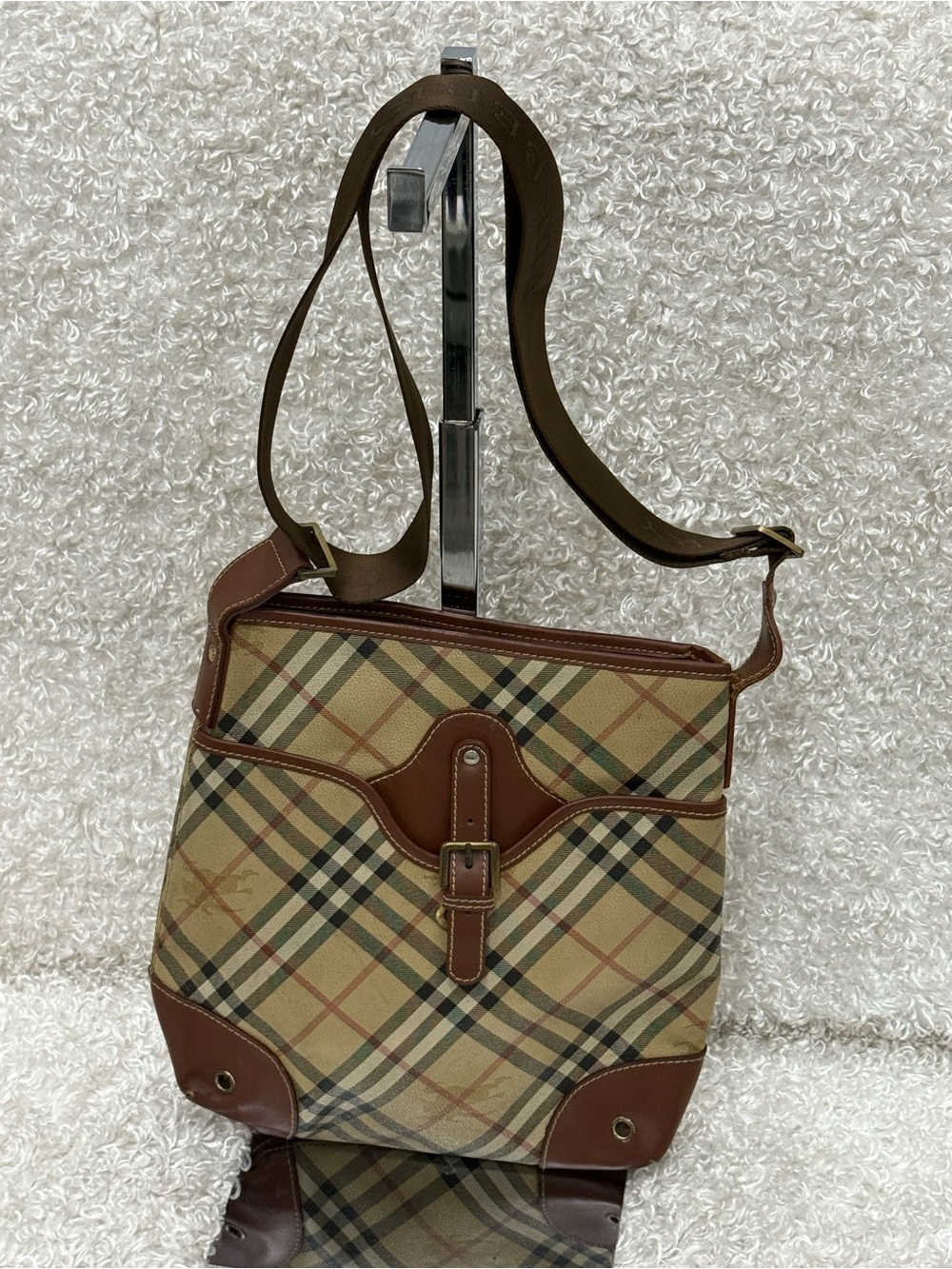 BURBERRY BEIGE HAYMARKET CHECK COATED CANVAS CROSSBODY BAG